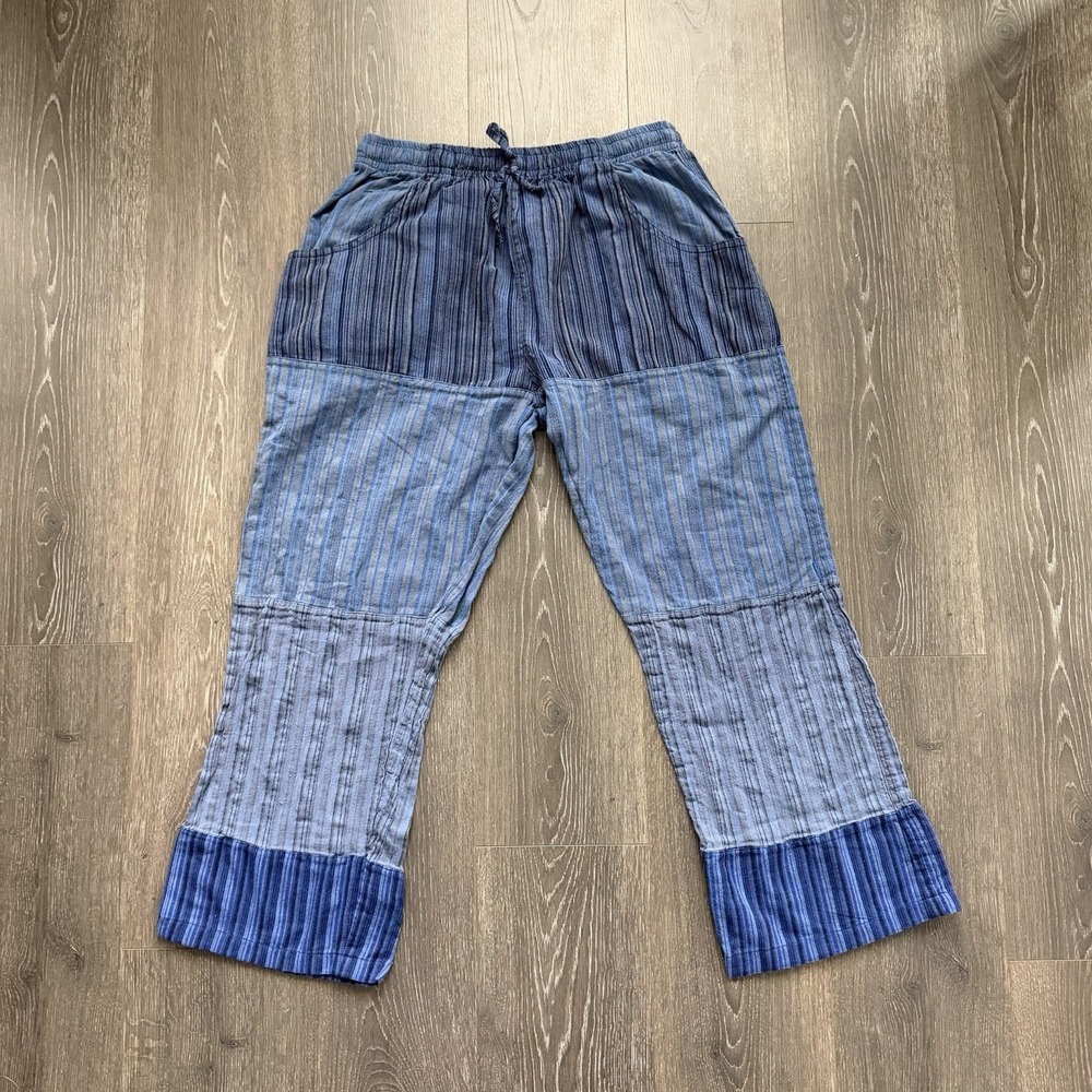 Soul Flower Blue Patchwork 100% Cotton Relaxed Hippie Straight Leg Pants XL